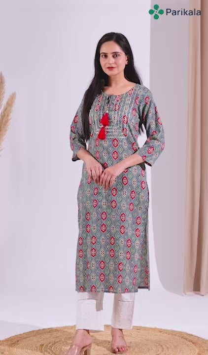 Blue Geometric Printed Straight Kurta with Gotta Work at Neck